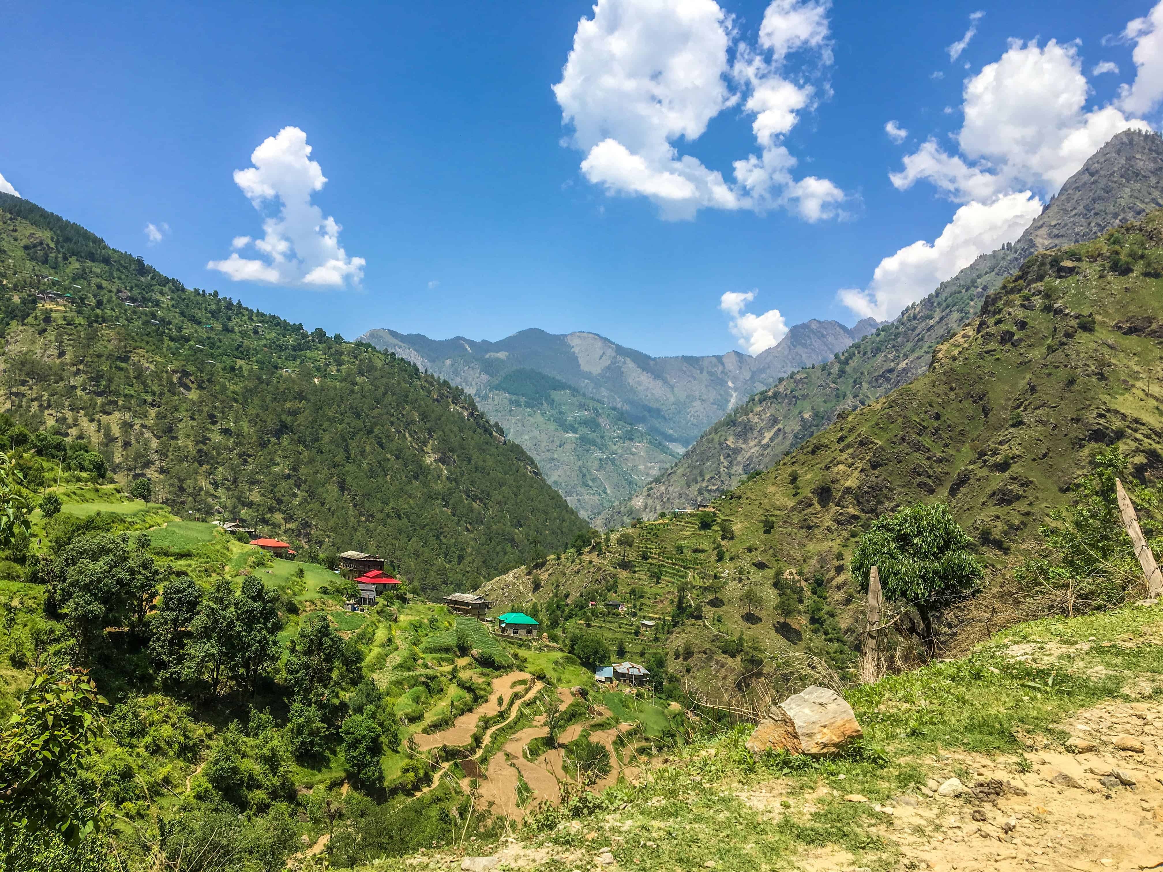 The valley dotted with colourful Himachali houses